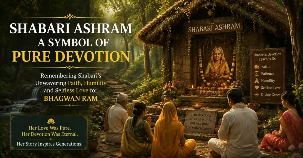 Sacred Shabari Ashram surrounded by devotees offering prayers and remembering Shabari's pure devotion to Bhagwan Ram