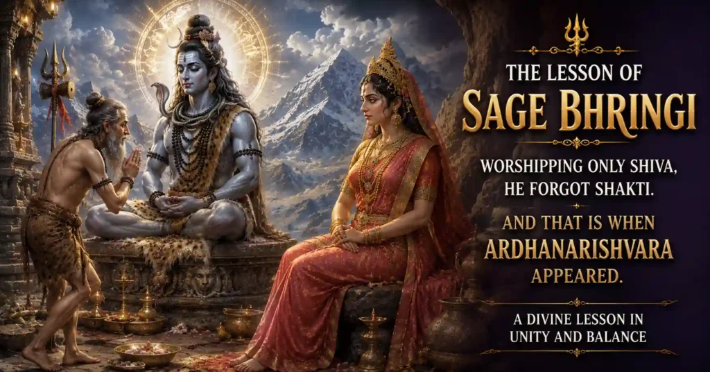 Sage Bhringi worshipping Lord Shiva while Goddess Parvati watches, a key episode in the Ardhanarishvara story
