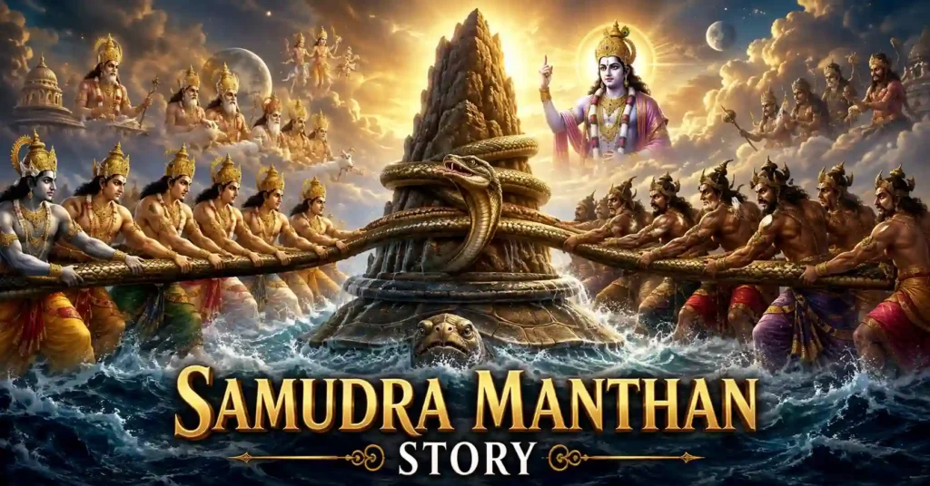 Samudra Manthan Story showing devas and asuras churning the Ocean of Milk with Vasuki around Mount Mandara while Lord Vishnu guides the cosmic event