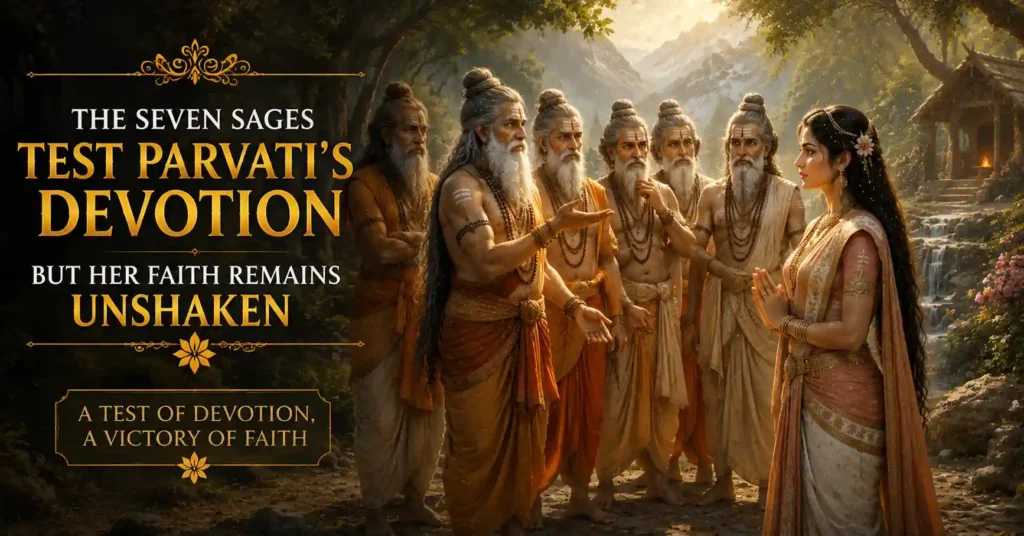 The Seven Sages testing Goddess Parvati's devotion and determination during Parvati Tapasya