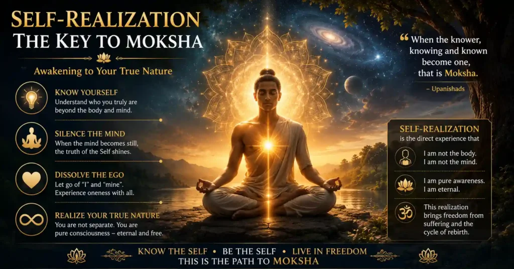 Self-realization and inner awakening as the path to Moksha
