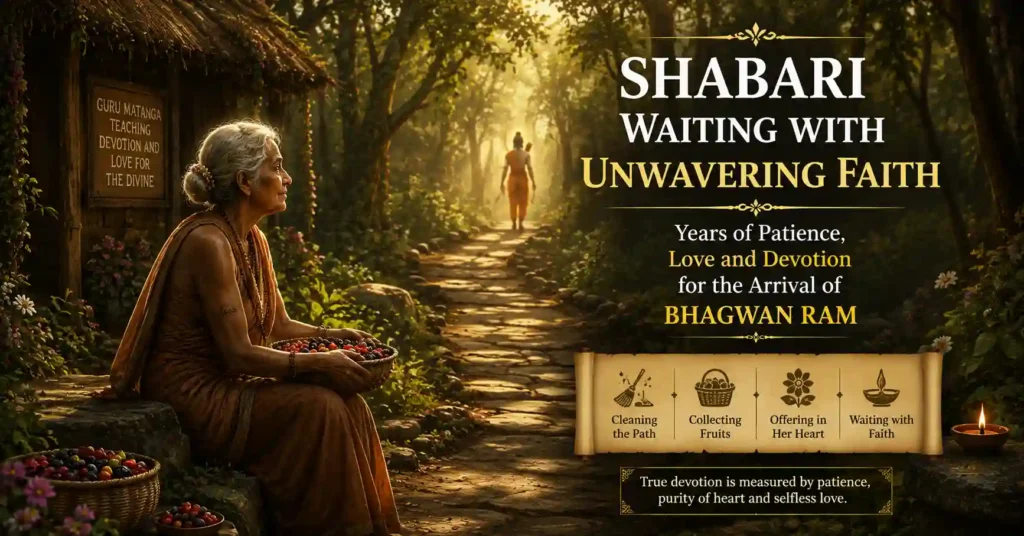 Shabari patiently waiting for Bhagwan Ram, gathering berries and preparing the forest path with devotion