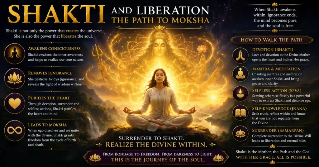 Shakti and liberation in Sanatan Dharma showing the spiritual path to Moksha through Divine energy and self-realization