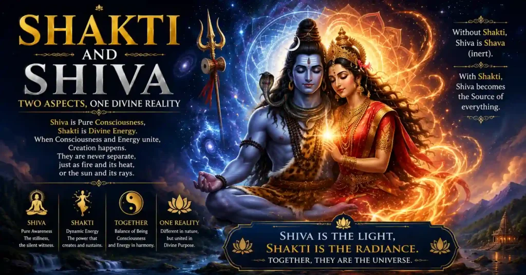 Shakti and Shiva in Sanatan Dharma symbolizing the eternal union of Divine energy and pure consciousness