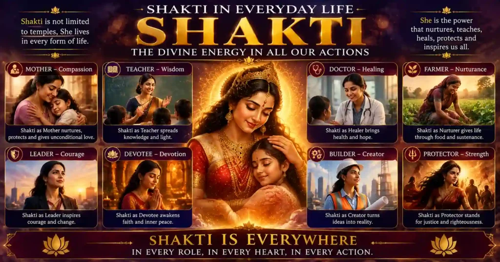 Shakti in everyday life expressed through compassion, wisdom, service, courage, and devotion in Sanatan Dharma
