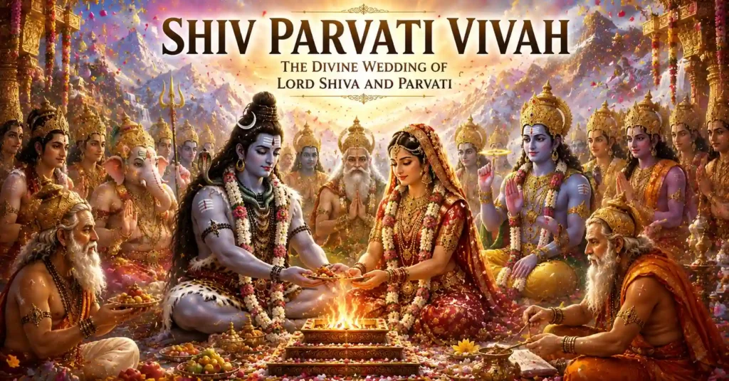 Shiv Parvati Vivah ceremony with sacred fire, Brahma performing rituals, and gods showering flowers from heaven