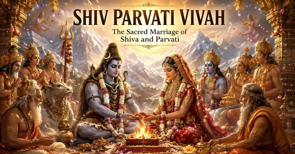 Shiv Parvati Vivah ceremony with Lord Shiva and Goddess Parvati seated together during their divine wedding in the presence of the gods