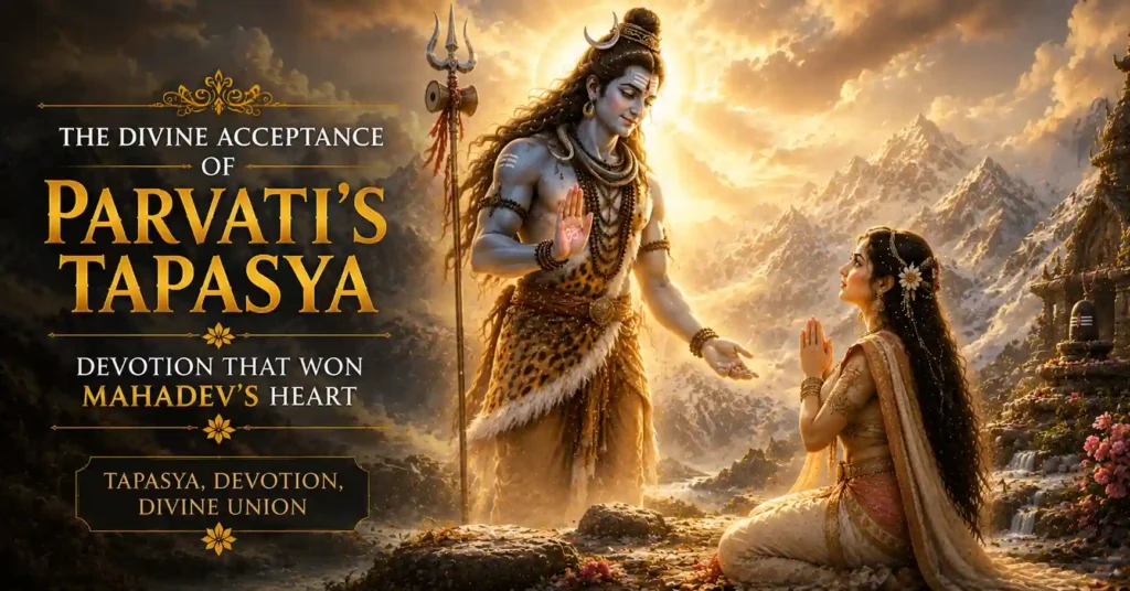 Lord Shiva accepting Goddess Parvati's devotion after years of Parvati Tapasya in the Himalayas