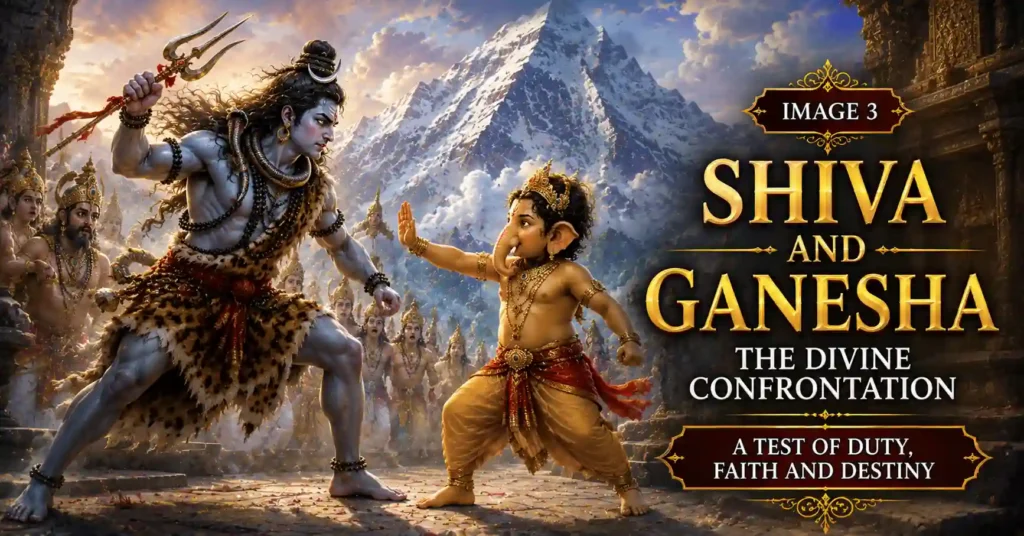 Lord Shiva and young Ganesha in a divine confrontation during the Birth of Lord Ganesha story
