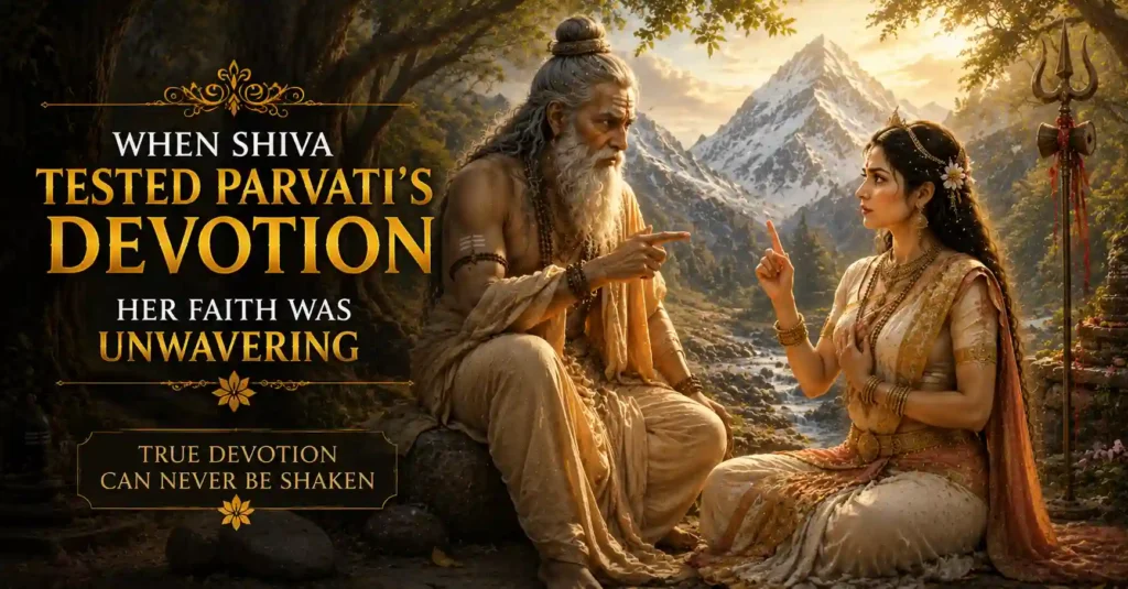 Lord Shiva disguised as an elderly sage testing Parvati's devotion and faith during her tapasya