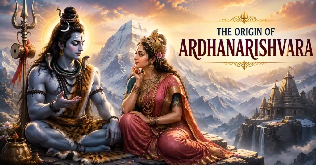 Lord Shiva and Goddess Parvati seated together on Mount Kailash discussing divine unity in the Ardhanarishvara story