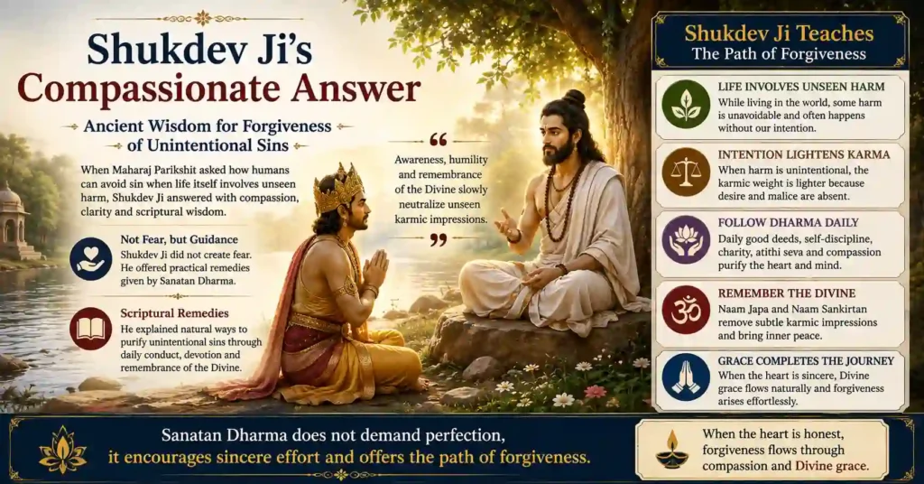 Shukdev Ji explaining scriptural remedies for forgiveness for unintentional sins to Maharaj Parikshit