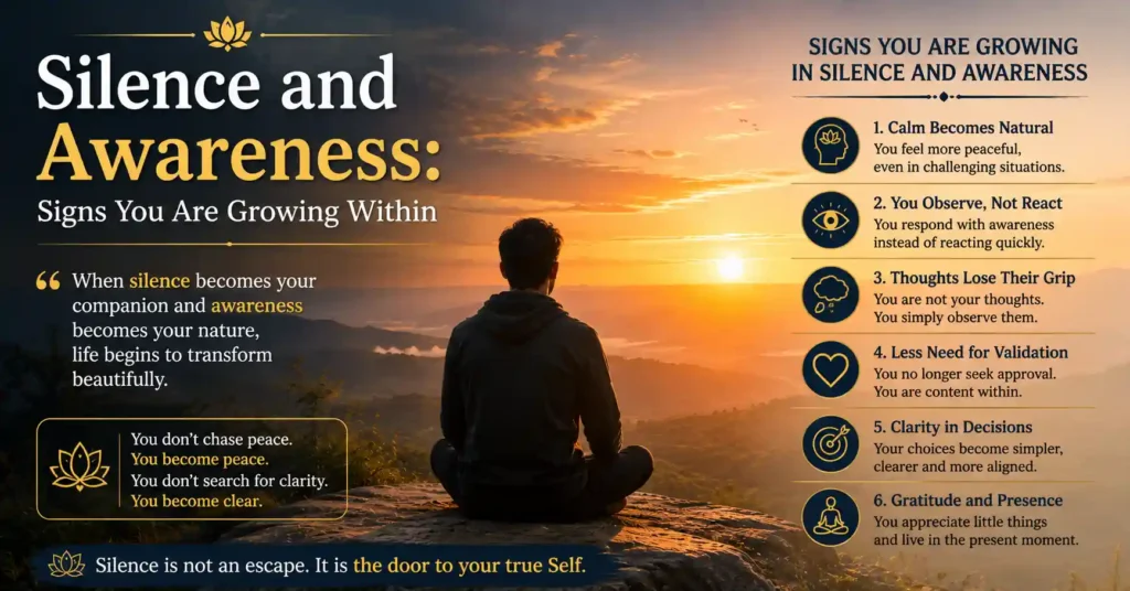 Person peacefully watching a sunset from a hilltop, symbolizing spiritual growth through silence and awareness.