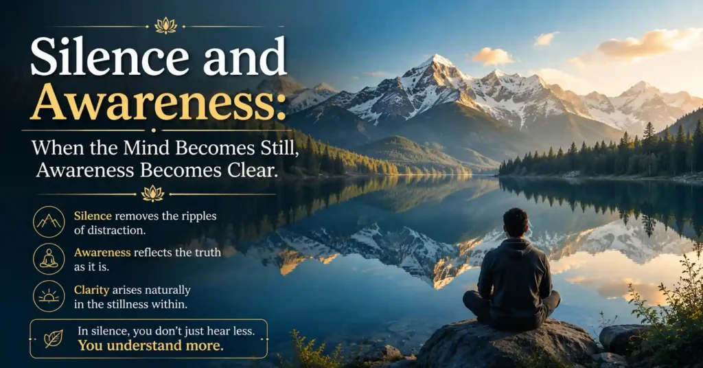 Calm mountain lake with perfect reflections symbolizing how silence and awareness bring clarity, focus, and self-awareness.