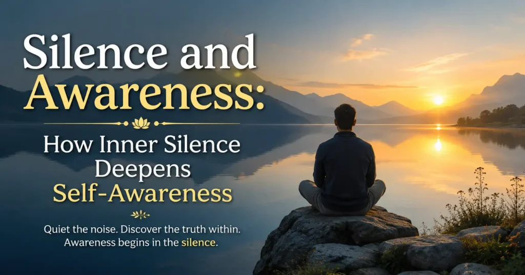 Person sitting beside a still lake at sunrise symbolizing silence and awareness, inner silence, self-awareness, and inner peace.