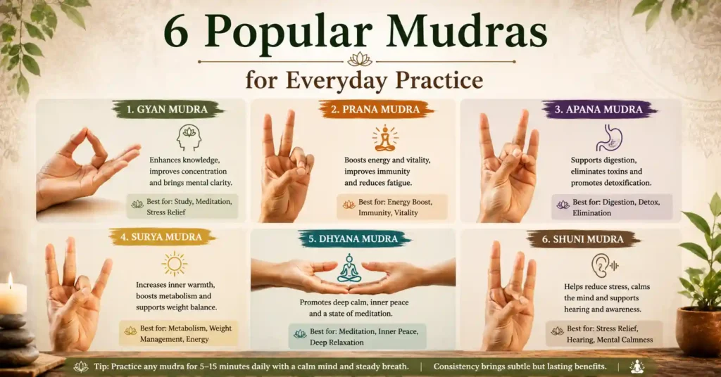 Infographic showing six popular mudras including Gyan Mudra, Prana Mudra, Apana Mudra, Surya Mudra, Dhyana Mudra and Shuni Mudra.