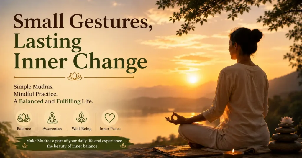 Person meditating with a hand mudra at sunset symbolizing inner peace, self-awareness and long-term personal growth through mudra practice.