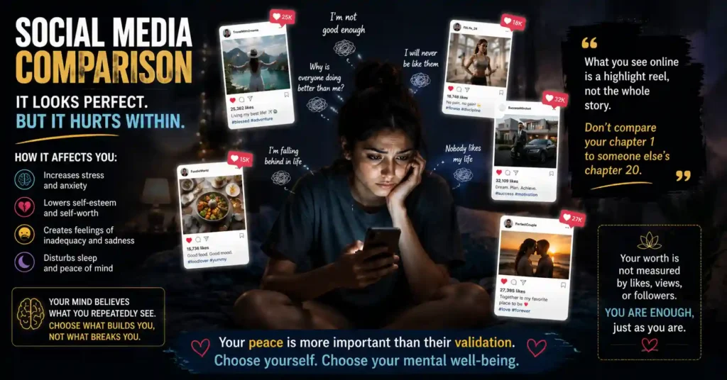 Social media comparison affecting self-worth, confidence, and mental well-being