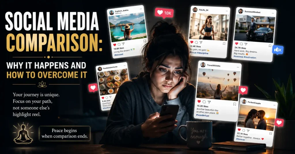 Person experiencing social media comparison while viewing idealized success posts online