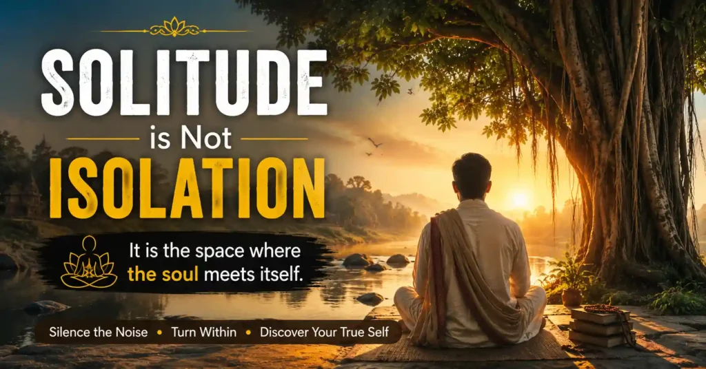 Peaceful seeker meditating under a banyan tree by a river, showing solitude as a path to self-discovery in Sanatan Dharma