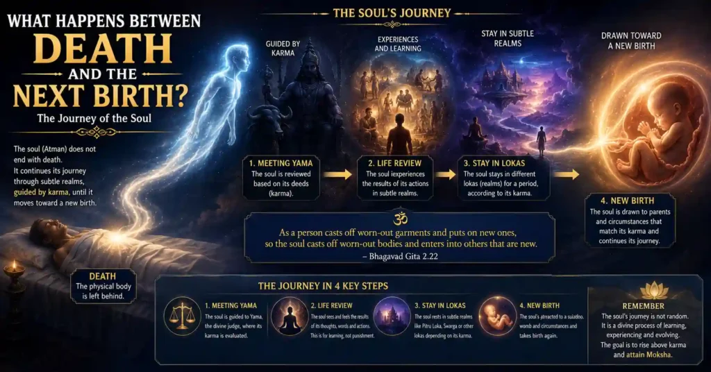 Illustration depicting the soul's journey between death and the next birth according to Sanatan Dharma.