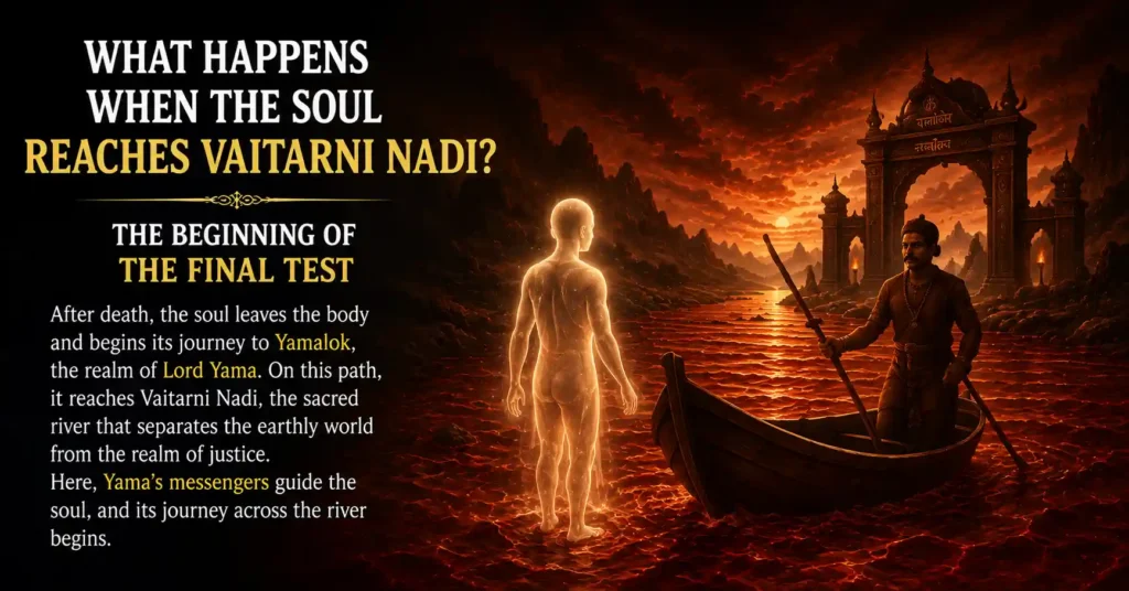 Soul standing before Vaitarni Nadi and facing the results of karma during the afterlife journey