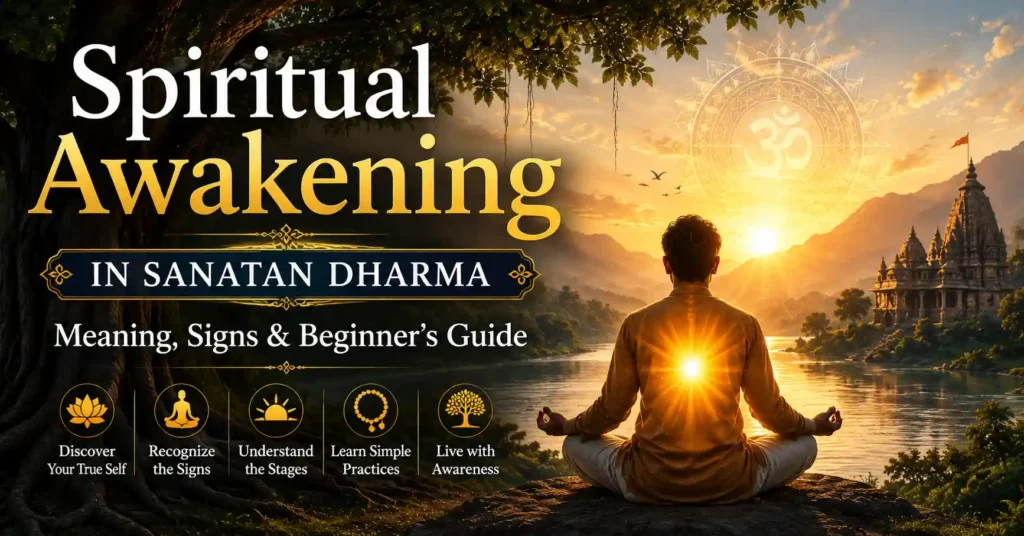 Spiritual awakening in Sanatan Dharma represented by a seeker meditating as the light of the Atman awakens within.