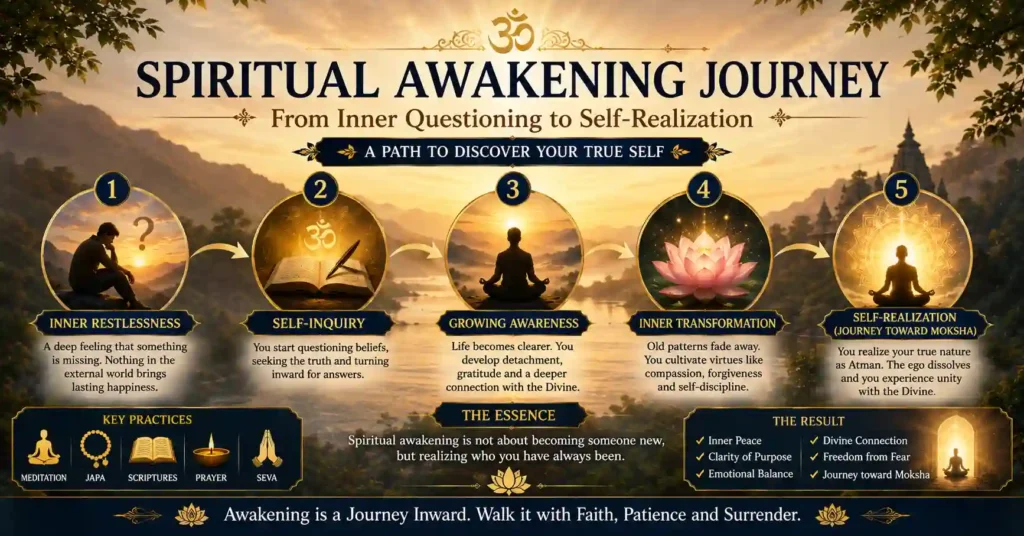 Infographic illustrating the spiritual awakening journey in Sanatan Dharma from inner questioning to Self-realization and Moksha.