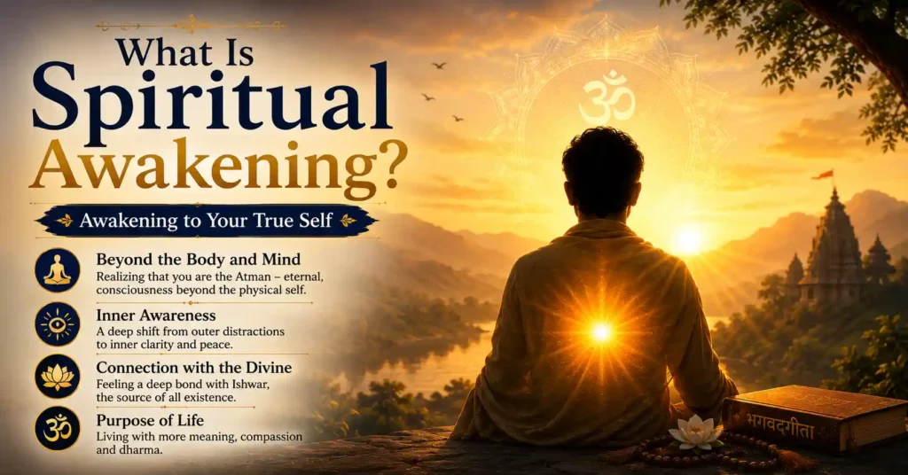 Illustration explaining the meaning of spiritual awakening in Sanatan Dharma and the realization of the Atman.