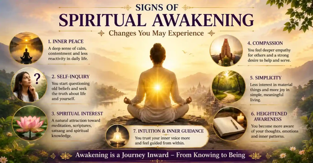 Common signs of spiritual awakening including inner peace, self-inquiry, compassion, and spiritual growth.