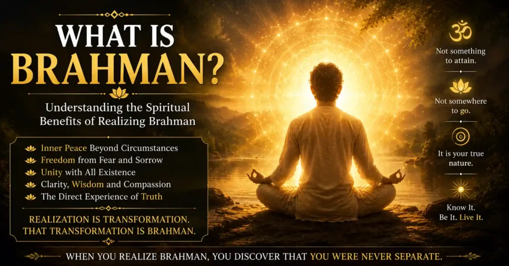 Meditator surrounded by peaceful golden light representing inner realization