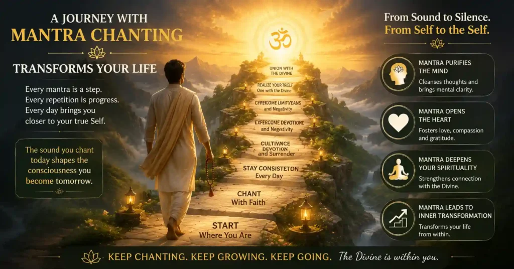 Devotee walking toward divine light, representing transformation and spiritual growth through mantra chanting