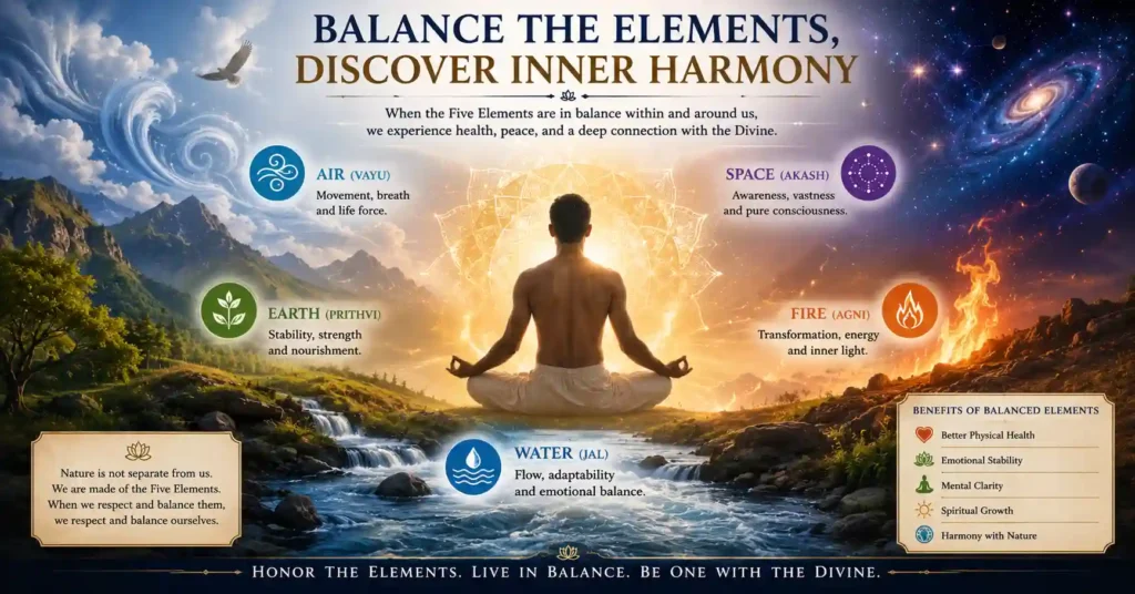 Meditating devotee surrounded by the five elements symbolizing balance, inner harmony, and spiritual growth