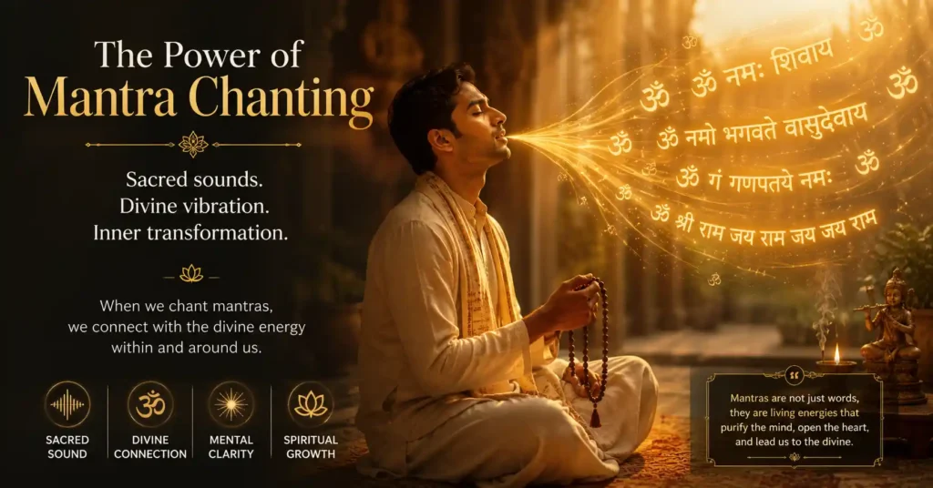 Sacred Sanskrit sounds emerging as light during mantra chanting, symbolizing spiritual energy and divine connection