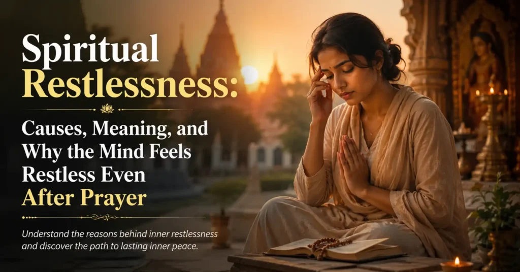 Devotee sitting in prayer with a thoughtful expression, representing spiritual restlessness and the search for inner peace through Sanatan Dharma.