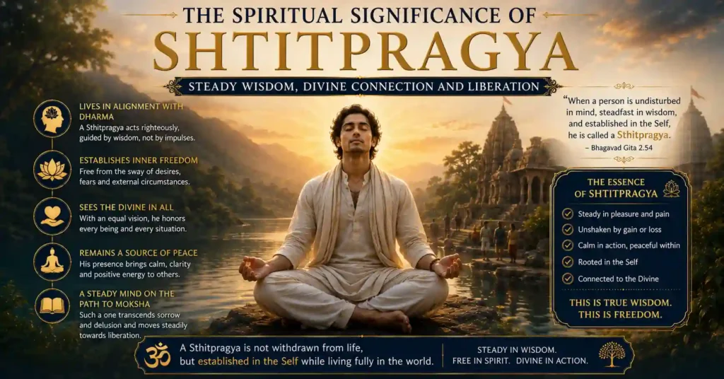 Illustration depicting the spiritual significance of Sthitpragya as a path to inner freedom, steady wisdom, and Moksha.