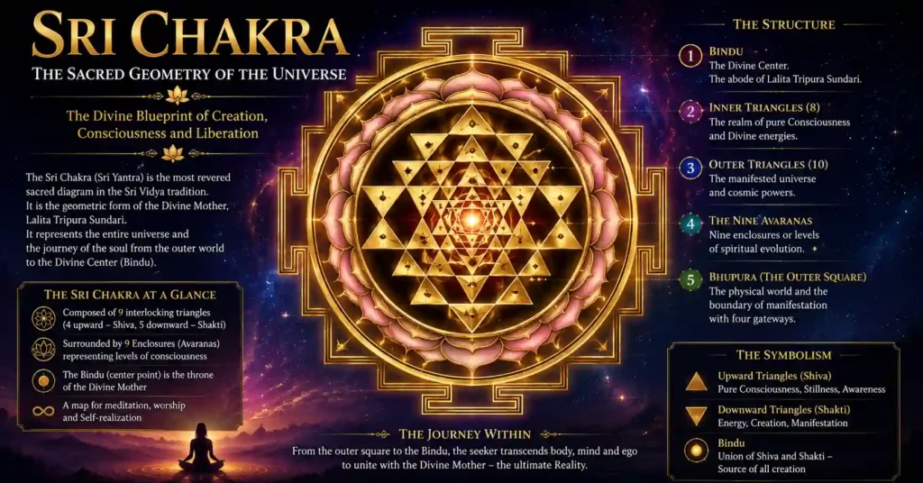Sri Chakra sacred geometry in Sri Vidya representing the universe and spiritual awakening
