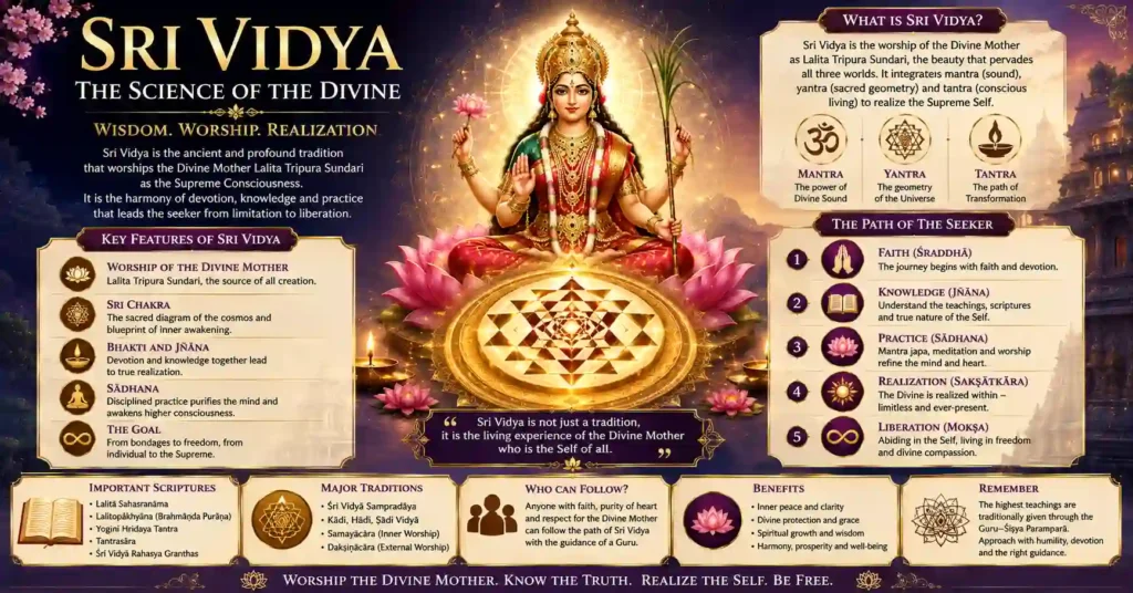 Mantra, Yantra and Tantra as the three pillars of Sri Vidya practice