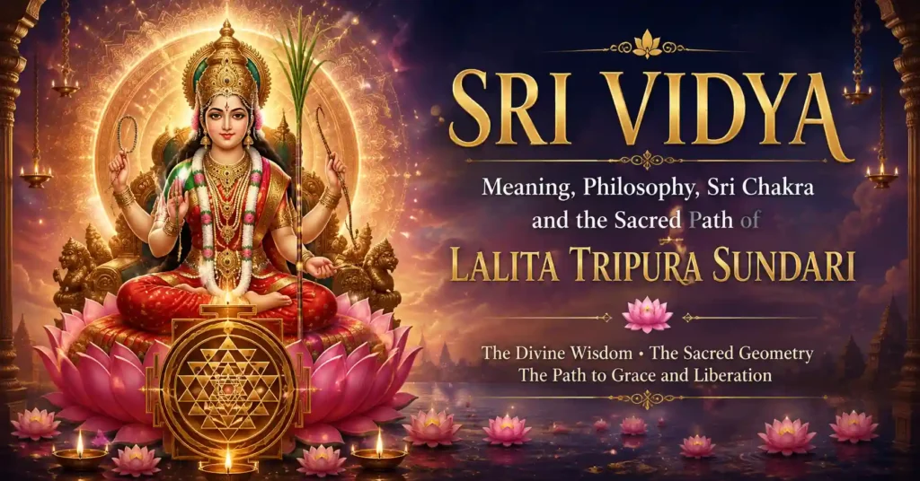 Sri Vidya Meaning with Lalita Tripura Sundari seated on the Sri Chakra