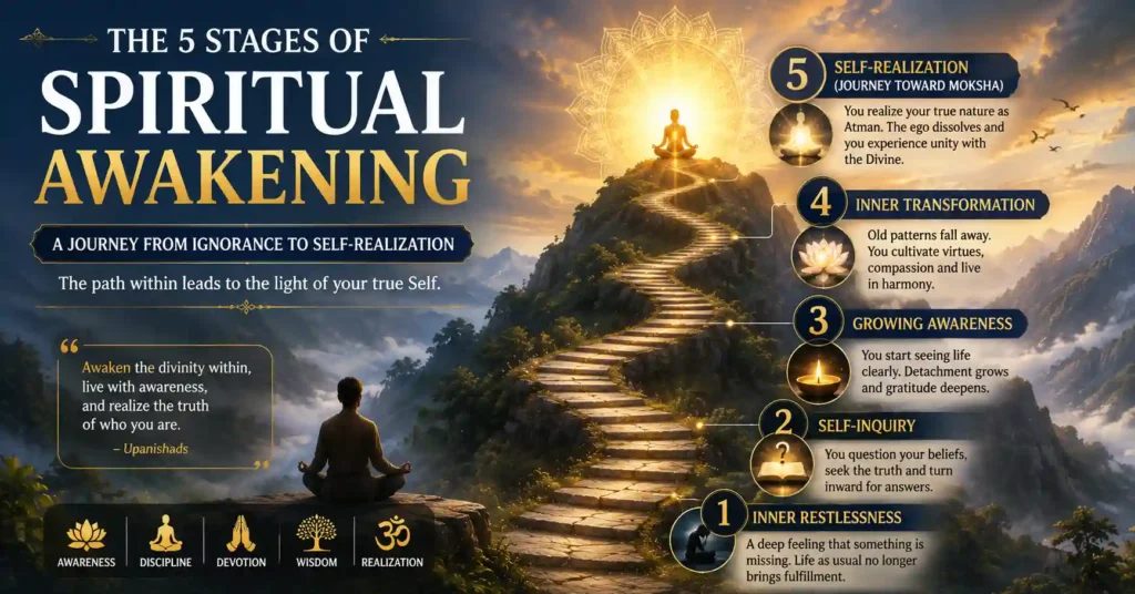 Illustration showing the five stages of spiritual awakening in Sanatan Dharma from inner restlessness to Self-realization.