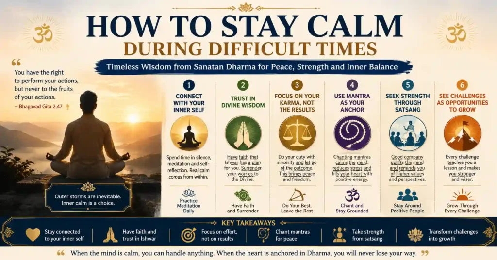 Infographic showing spiritual ways to stay calm during difficult times using Sanatan Dharma teachings