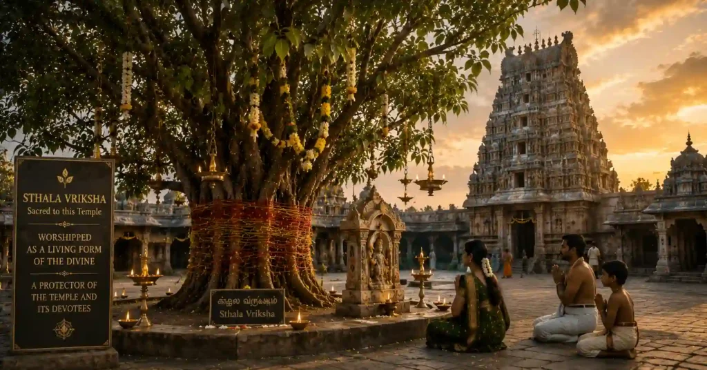 Sacred Sthala Vriksha decorated with lamps and sacred threads in an ancient South Indian temple