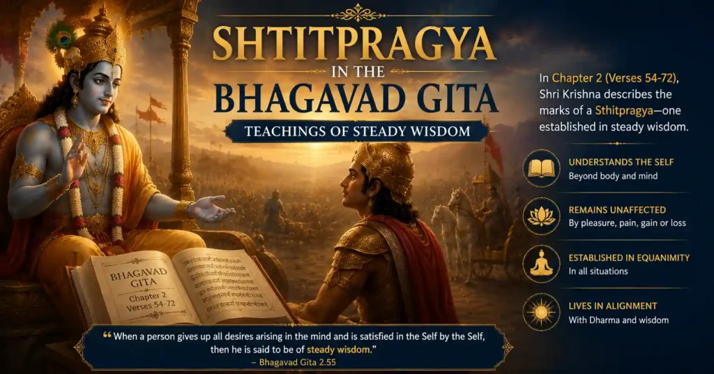 Lord Krishna explaining Sthitpragya to Arjuna in the Bhagavad Gita on the battlefield of Kurukshetra.