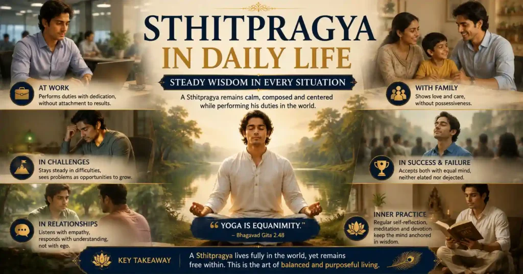 Illustration showing how Sthitpragya is practised in daily life through calmness, balance, and mindful actions.