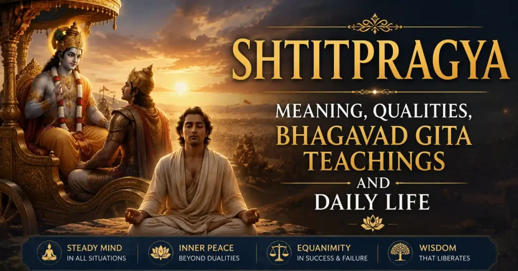 Illustration of Sthitpragya representing steady wisdom, Bhagavad Gita teachings, and inner balance in daily life.