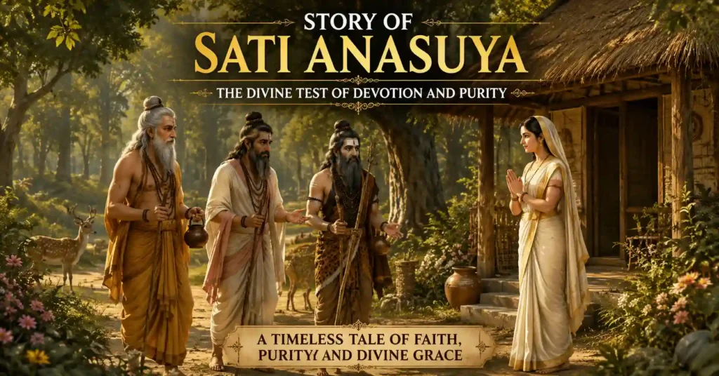 Story of Sati Anasuya showing Brahma, Vishnu, and Shiva disguised as sages arriving at her forest hermitage to test her devotion and purity