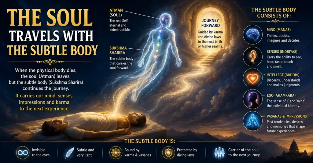 Illustration showing how the soul travels with the subtle body (Sukshma Sharira) after death according to Sanatan Dharma.