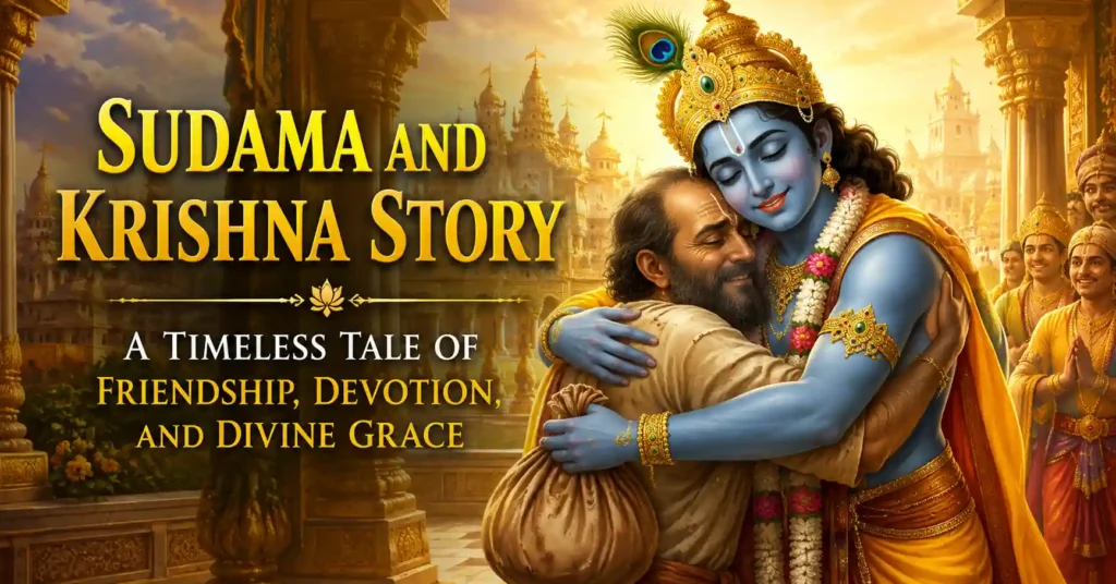Lord Krishna warmly embracing Sudama in the timeless Sudama and Krishna story