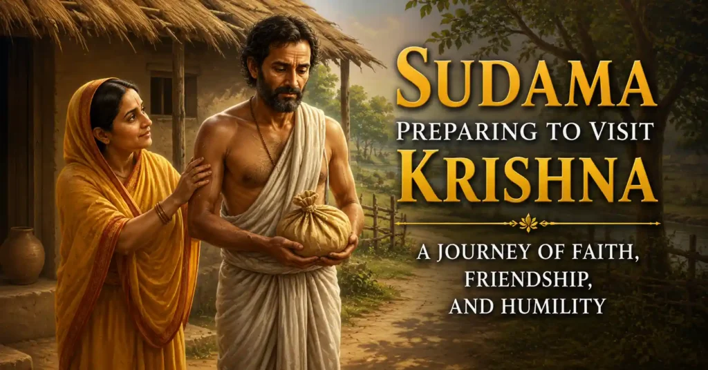 Sudama preparing to visit Krishna with a bundle of poha as his wife encourages him with faith