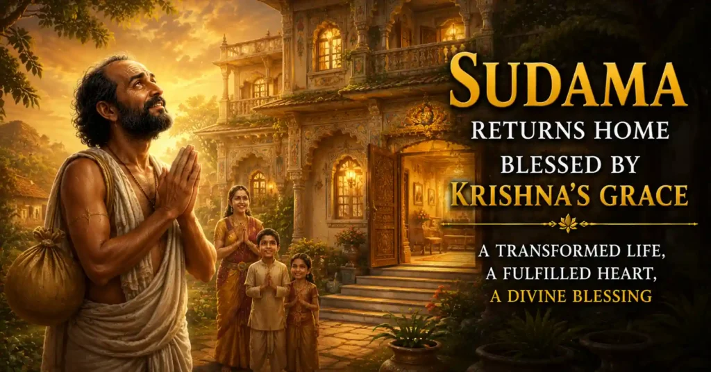 Sudama standing before his transformed home after receiving Krishna's blessings and grace